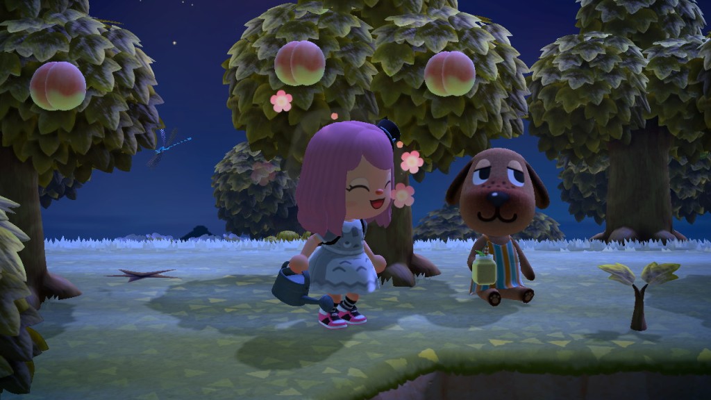 An image from Megan's Animal Crossing game, showing her character (left) and a villager who is a dog (right) among peach trees