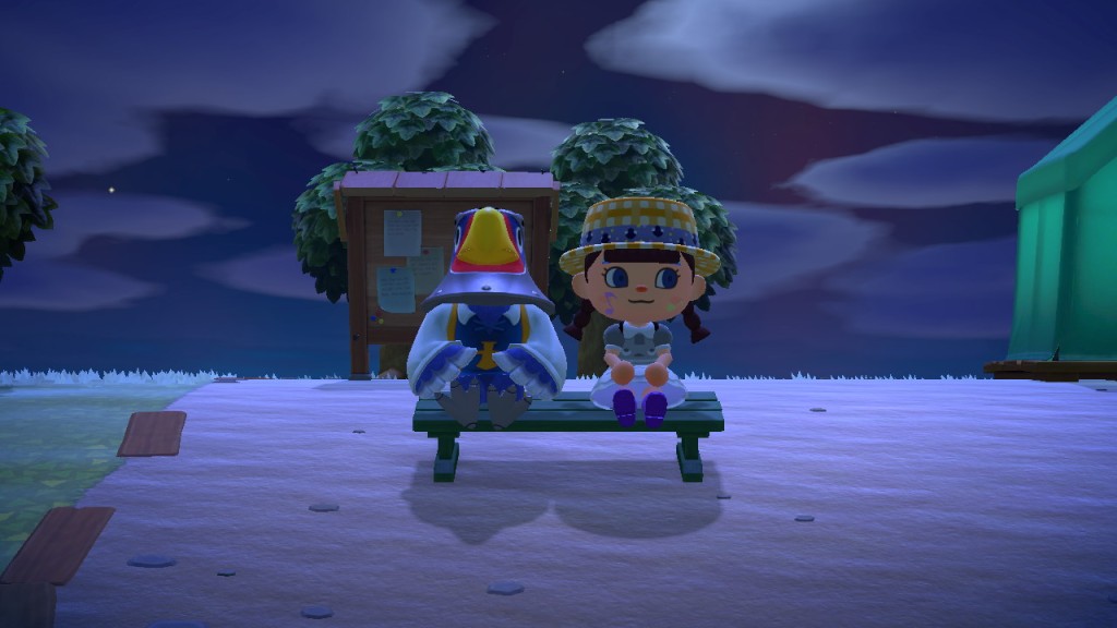 An image from Megan's Animal Crossing game, showing a villager who is an eagle (left) and her character (right) sitting together at night
